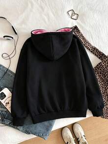 SHEIN 青少年女孩休閒戶外極簡時尚街頭風校園通勤旅行散步購物純黑色連帽衛衣長袖羅紋袖口毛絨印花蝴蝶結橡膠印花裝飾返校季秋冬上衣 - 黑色 - 查看 2