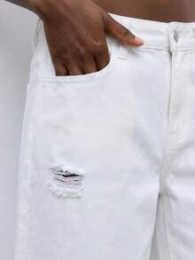 Maija Women's Summer Casual Versatile Solid Color Distressed Denim Shorts, Versatile Jeans, White Denim, Ripped Jeans, Casual, Commuter, Holiday, Festival. - White - View 6