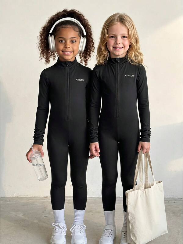 Young Girls Clothing Black Sports Jumpsuit, Long Sleeve, New Autumn/Winter Style, All Season, Suitable For Sports, Yoga, Running, Casual And More Occasions, Half-Open Front Zipper For Easy On/Off, Elastic Fabric, Soft And Comfortable, Back To School Glowmode Kids Wear