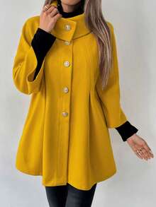 LanaWest Women Plain Color Block Front Button Long Sleeve Casual Jacket - Yellow - View 6