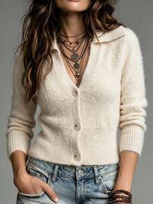 SHEIN Women's Autumn/Winter French Lazy Style Faux Mink Knit Cardigan Deep V-Neck Minimalist Solid Color Versatile Sweater Top - Apricot - View 1