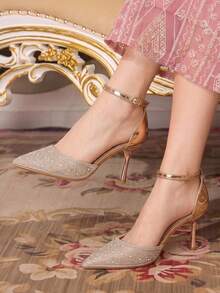 CUCCOO TILAWA Summer Ladies Elegant Luxury Rhinestone Hollow Sandals Shopping Party Commuter Office Fashion Pointed High Heels - Rose Gold - View 4