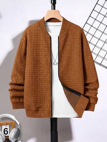 SHEIN Kids Tween Boy Casual Versatile Textured Small Check Baseball Jacket, Suitable For Commuting, School, Daily Casual Outings, Sports, Autumn/Winter - Mocha Brown - View 2