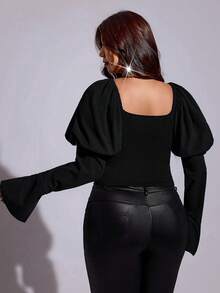 Viva Relle Plus Size Women's Elegant Blouse With Puff Sleeves, Button Decor And Asymmetrical Hem - Black - View 2
