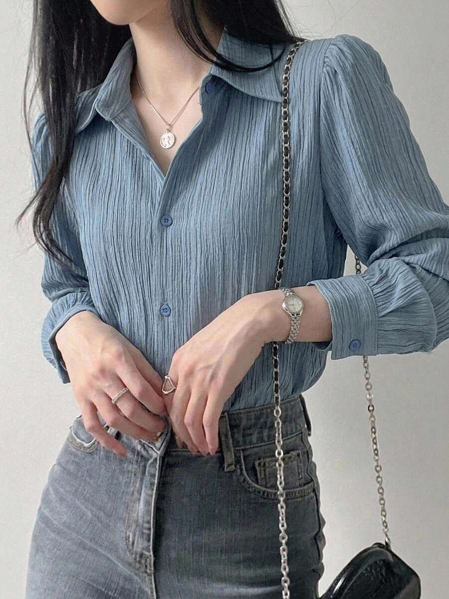 DAZY 女式纯色褶皱领宽松衬衫,蓝色,春夏秋装,秋季女装长袖上衣 - 藍色 - 查看 1