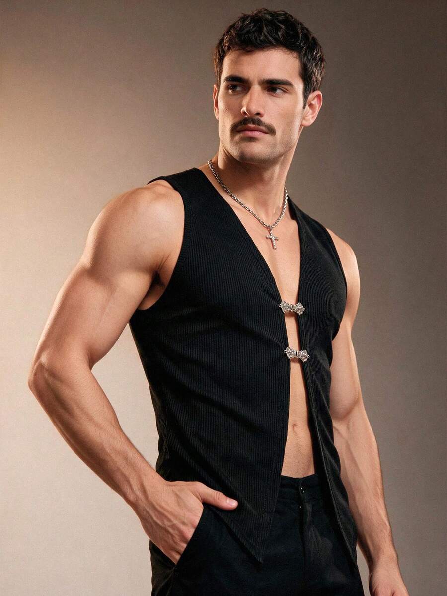 ZURIURI Men's Sexy Vacation Style Slit Tight Metallic Buckle Tank Top - Black - View 1