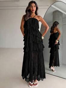 Aloruh Vestido de vacaciones para mujer con volantes multicapa, encaje y cuello halter - Negro - Ver 6