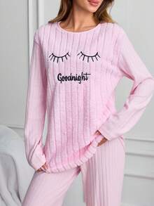 SHEIN Women 2pcs Pink Rib Knit& Fleece Eyelash Embroidery Long Sleeve Shirt & Long Pants Pajama Set - Baby Pink - View 5