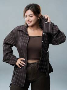 SARA VAULT Autumn Spring Brown Artistic Style Fine Striped Colorblock Patchwork Loose Business Casual Vacation Fashion Street Metal Belt Ruched Button Long Sleeve Women's Shirt - Brown - View 5