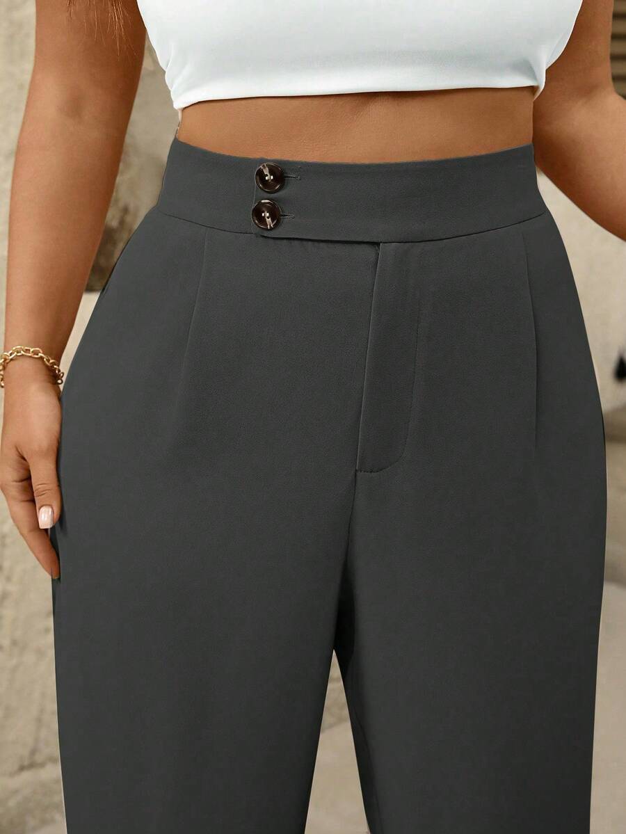 SHEIN Tall Plus Size Women High Waist Pleated Wide Leg Casual Pants Fall - Dark Grey - View 1