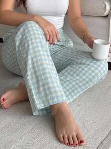 Dazy Plus Elastic Waist Plaid Loose Long Home Wear Cute Casual Pajama Bottoms Fall - Mint Blue - View 7
