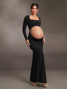 Cheriluna Maternity Maternity Solid Color Cutout Design Long Sleeve Summer Dress - Black - View 4