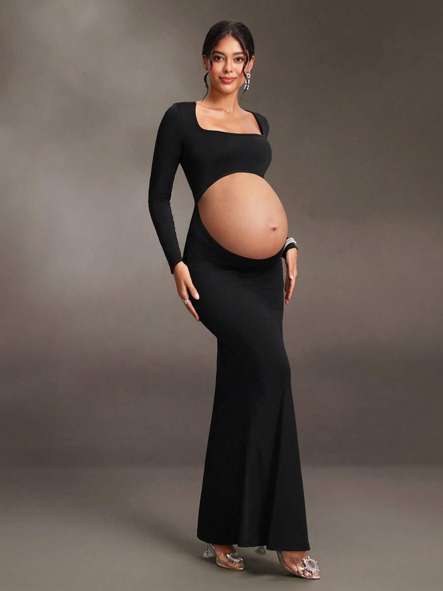Cheriluna Maternity Maternity Solid Color Cutout Design Long Sleeve Summer Dress - Black - View 1