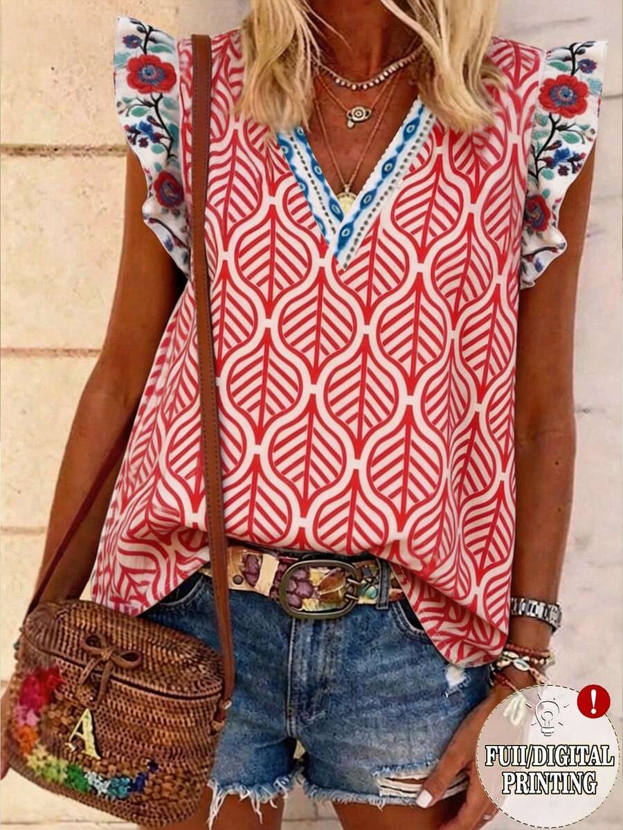 SHEIN LUNE Women's V-Neck Floral Print Contrast Color Ruffle Trim Casual Blouse - Multicolor - View 1