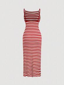 SHEIN MOD 女款條紋休閒日常穿著夏季長款細肩帶洋裝 - 紅白色 - 查看 2