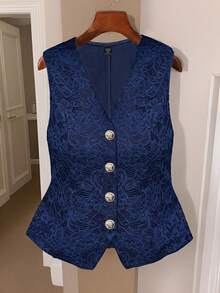 SHEIN Essnce Chaleco de encaje de color liso elegante para ir al trabajo en verano, otoño/invierno, talla grande - Azul Marino - Ver 6