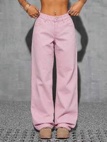 SHEIN ICON 女款大尺碼牛仔女郎套裝 秋季豹紋無彈力直筒長褲 女士秋季穿搭 - 淺粉色 - 查看 4