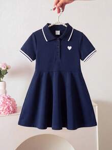 Elladie kids 女童領口愛心印花 Polo 洋裝 - 藏蓝色 - 查看 5