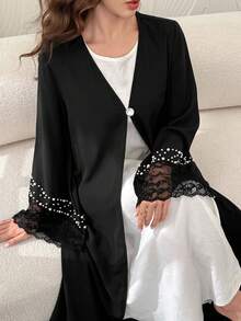 Al Najma Spring/Autumn Premium Pearl Lace Patchwork Sleeve Elegant Fashionable Graceful Intellectual Slimming Women's Cardigan - Black - View 8