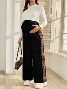 SHEIN Maternity Side Patchwork Leopard Print Adjustable Waist Long Pants Fall - Multicolor - View 2