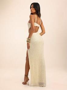 Dancing Leopard Apricot Sequin Cut-Out Dress, Wedding Guest Occasion Wear - Apricot - View 2