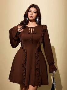 Viva Relle Plus Size Women's Solid Color Collar Patchwork Ruffle Hem Fashion Dress - Brown - View 6