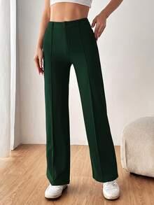 SHEIN EZwear 女款素色直筒西裝長褲 秋冬款 - 墨綠色 - 查看 4