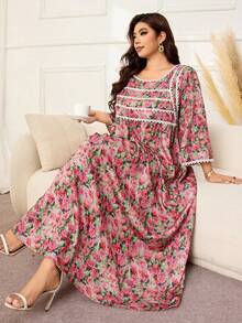 Lacomfia Plus Size Loose Fit Bamboo Linen Printed Fabric Dress With Patchwork Lace On Front Panel And Cuffs, Casual Style For Spring And Summer Daily Wear - Multicolor - View 5