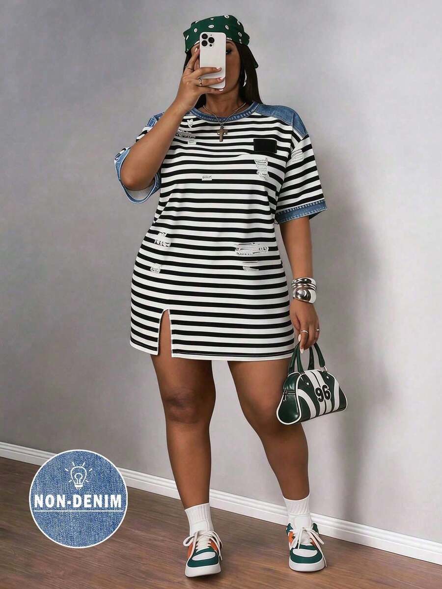 Slaydiva Plus Size Striped Print Round Neck Split Hem Short Sleeve Summer Dress - Multicolor - View 1