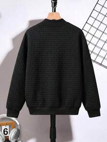 SHEIN Tween Boy Casual College Sports Versatile Black Textured Small Grid Baseball Jacket Coat Suitable For Commuting, School, Daily Casual Outings, Sports, Autumn/Winter - Black - View 3