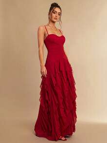 Silquee Mesh Pleated Hem Ruffle Cami Dress - Red - View 4