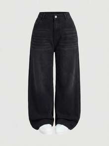 SHEIN MOD Plus Size Casual Alternative Normal Washed Wide Leg Jeans Summer Black Formal Club - Black - View 1