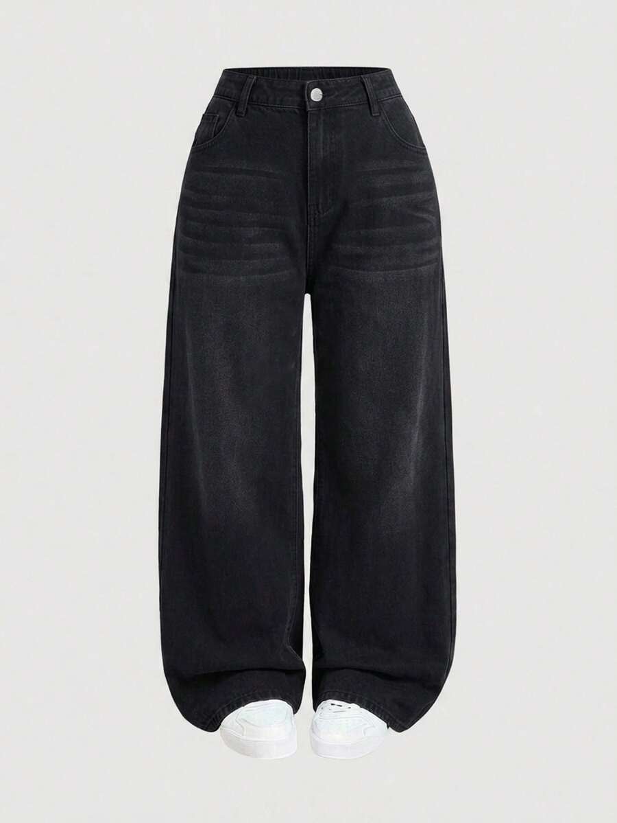 SHEIN MOD Plus Size Casual Alternative Normal Washed Wide Leg Jeans Summer Black Formal Club - Black - View 1