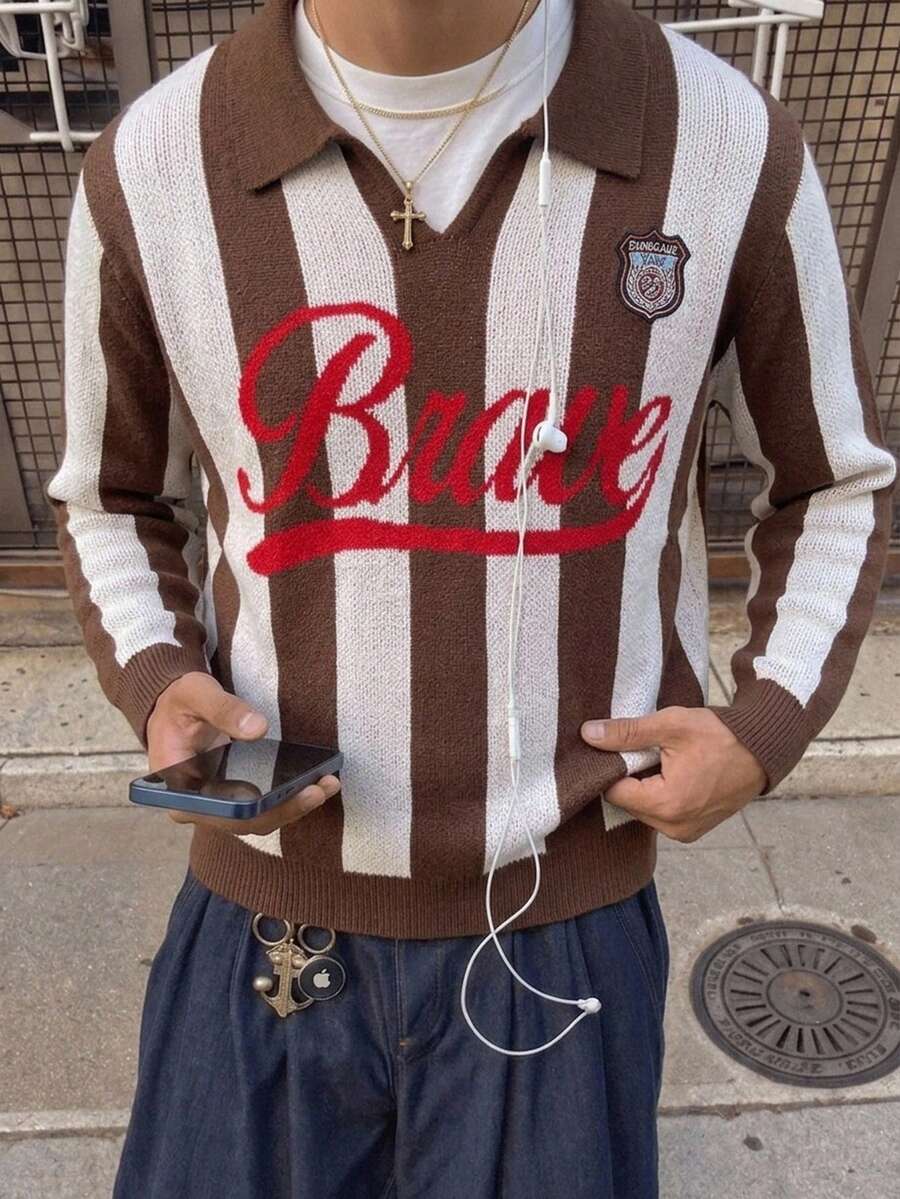 Manfinity Hypemode 男士秋冬休閒拼接條紋毛衣,節日度假風街頭穿搭 - 棕色 - 查看 1