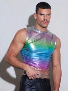 FeverCity Camiseta sin mangas plisada con cuello redondo y degradado láser para hombre - Multicolor - Ver 6