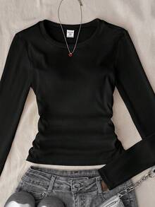 Teen Girls Solid Color Star Pattern Pleated Knit Tank Top, Suitable For Casual Wear, Winter - Black - View 1