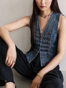 Bohemela Casual Solid Color Woven Washed Women's Vest Jacket - Blue - View 3