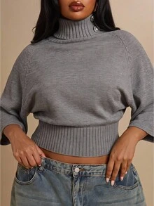 Radiana Curve Plus Size Women's Autumn/Winter High Neck Metal Button Decor Mid-Sleeve Loose Fit Pullover Sweater Top, Multiple Styling Possibilities, Vintage - Grey - View 9