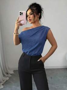 SHEIN Privé Women's Asymmetric Neck Ruched Casual Versatile Everyday Denim Top - Blue - View 4
