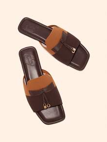CUCCOO BASICS Square Toe Flat Bottom Brown Building Color Knitted Simple Comfortable Breathable Women's Fashion Flat Bottom Sandals Slippers Daily Versatile Commute - Brown coffee - View 3
