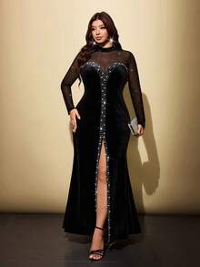 Viva Relle Đầm dài nữ size lớn phối patchwork lưới xuyên thấu đính đá rhinestone, phong cách thanh lịch lãng mạn, phù hợp cho tiệc chiêu đãi, dạ hội, tiệc tùng và các dịp khác - màu đen - Xem 1