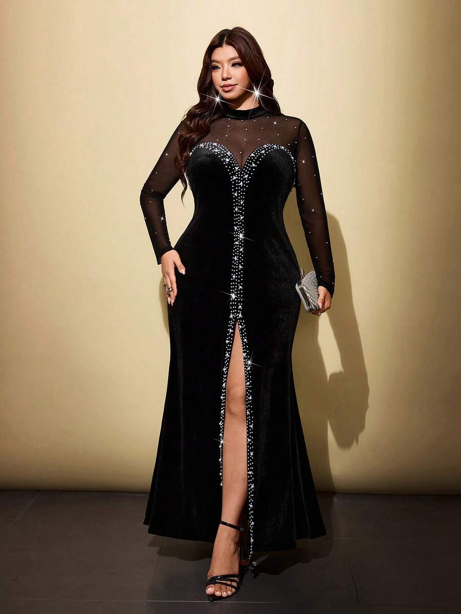 Viva Relle Đầm dài nữ size lớn phối patchwork lưới xuyên thấu đính đá rhinestone, phong cách thanh lịch lãng mạn, phù hợp cho tiệc chiêu đãi, dạ hội, tiệc tùng và các dịp khác - màu đen - Xem 1