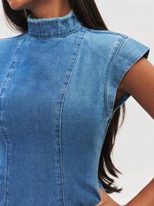 NYA SZN Women's Stand Collar Cap Sleeve Frayed Hem Casual Denim Dress - Medium Wash - View 5