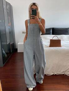 Livesso Tall Women's Striped Casual Denim Overalls - Blue - View 2