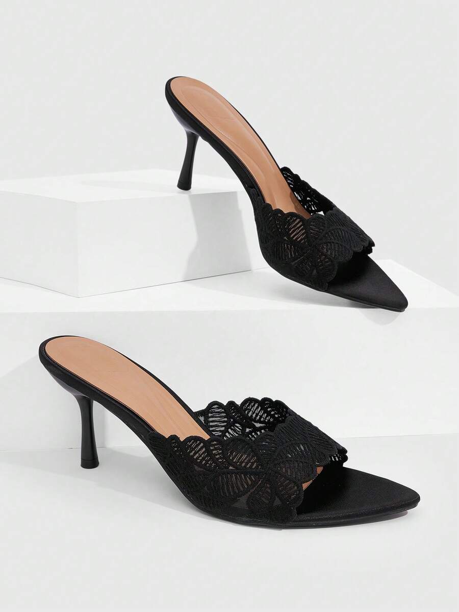 CUCCOO SZL Women's Black Lace Mesh Pointed Toe Stiletto High Heel Mule Sandals For Date Party Autumn - Black - View 1