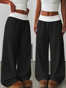 SHEIN Tween Girl Colorblock Casual Versatile Daily Wear Wide Leg Sweatpants - Black - View 2