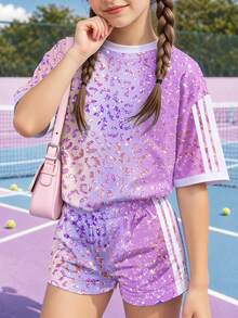 閃亮彩色豹紋青少年女孩休閒極簡短袖上衣與短褲兩件套，適合夏季日常、時尚夏日、運動、校園、度假風、返校季 - 彩色 - 查看 3