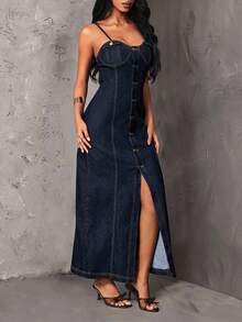 SHEIN Unity Women's Single-Breasted Slim Fit Elegant Spaghetti Strap Denim Dress - Blue - View 6