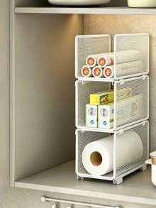 1/2/3 Pieces Multifunctional Stackable Kitchen Cabinet Organizer, Layered Storage Rack For Inside Cupboard, Perfect For Roll Paper, Plastic Wrap And Kitchen Office Storage - multicolor - View 8