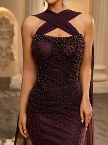 Glamrae Elegant Coffee Brown Luxury 3D Beaded Embroidery Bandeau Top With Heavy Hand-Embellished Beading, Slimming Pleated Front, Chiffon Strapless Drape (Multiple Wearing Styles) And Mermaid Skirt, Suitable For Date, Bachelorette Party, Wedding, All Formal Occasions, Women's Evening Gown - Brown - View 7